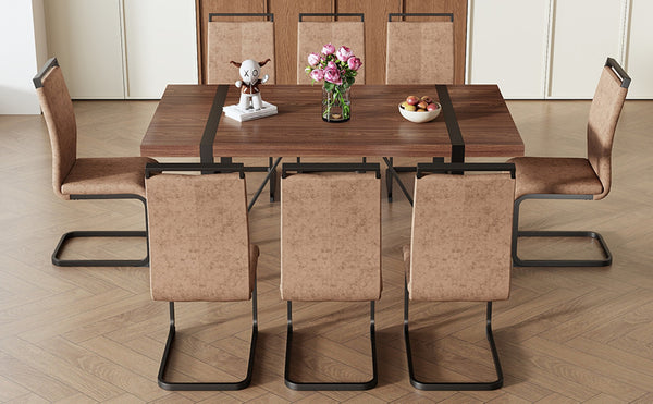 English Elm Table Set – Industrial Walnut Dining Table With 8 Brown Tech Fabric Chairs & Black Metal Legs, 71"X39" W1151S02440-GIGA