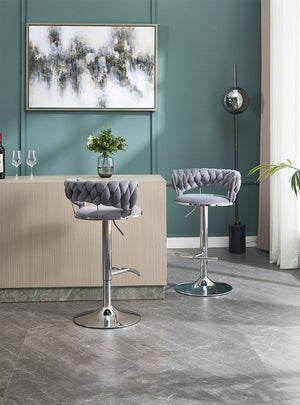 English Elm Set of 2 Velvet Bar Stools with Chrome Base Swivel Height Adjustment Plush Cushion Modern Comfort Grey W1249P247730