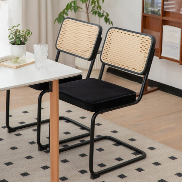English Elm Dining Chairs Set of 4 Velvet Seat Woven Rattan Back Chrome Cantilever Frame W2105S00004