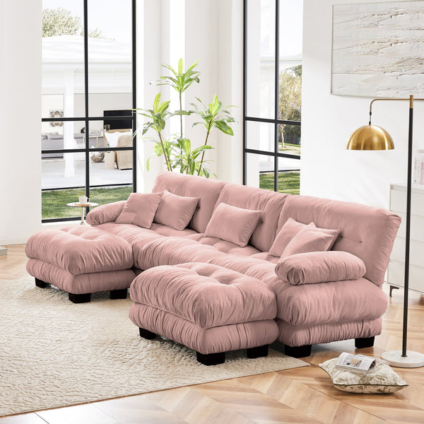 English Elm Luxury U-Shaped Modular Sectional Sofa - Oversized Deep Seat Chenille Couch With 2 Ottomans In Pink W714S01012