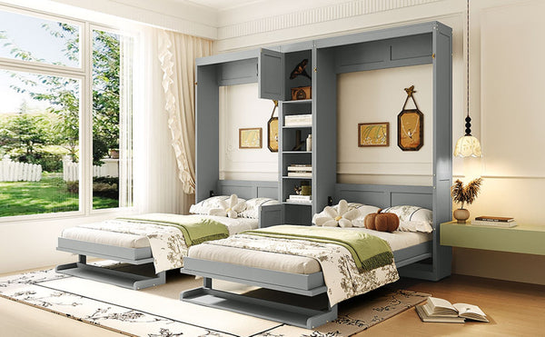 English Elm Dual Twin Wall Murphy Beds with Storage Tower Shelves for Kids or Guest Rooms Gray N820S00058E-1