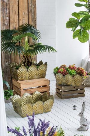 English Elm Set of 3 Zinc Planters with Aged Golden Patina for Rustic Farmhouse Indoor Decor W2078P499528