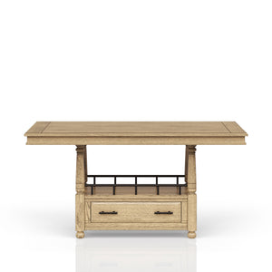 English Elm Counter Elm Veneer Table with Turned Legs and Drawer, Warm Finish, Open Shelf & Metal Rail Caramel 42.25 L x 25 W x 14.5 H B2699S00084