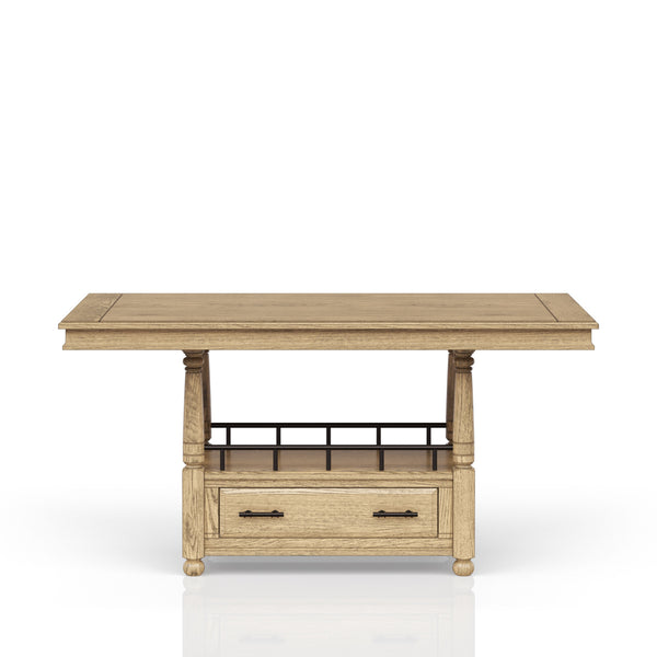 English Elm Counter Elm Veneer Table with Turned Legs and Drawer, Warm Finish, Open Shelf & Metal Rail Caramel 42.25 L x 25 W x 14.5 H B2699S00084