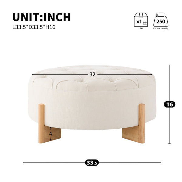 English Elm 32" Round Chenille Ottoman Tufted Footrest with Rubberwood Legs for Living Room Beige N723P405298A
