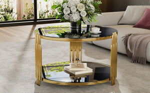 English Elm Modern Round Coffee Table Black Tempered Glass Top Gold Drum Base Living Room Glam N735P177478B