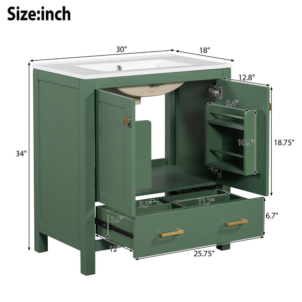 English Elm 30" Green Bathroom Vanity with Undermount Sink, Solid Wood Cabinet, Soft-Close Doors & Drawer Organizer N729P170521F