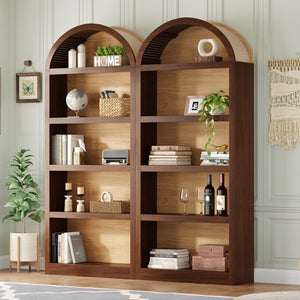 English Elm On-trend Farmhouse Two-tone Bookcase Set Arched Fabric Crown Open 5-tier Shelving Walnut N721P411205P