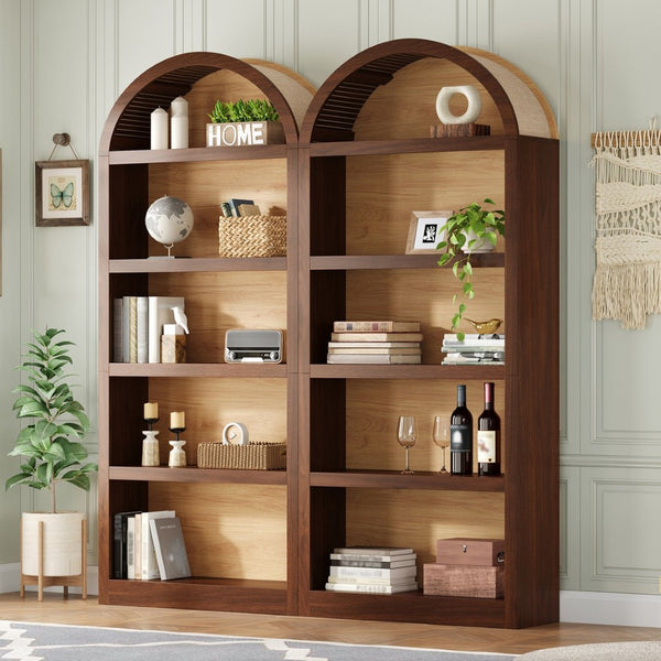 English Elm On-trend Farmhouse Two-tone Bookcase Set Arched Fabric Crown Open 5-tier Shelving Walnut N721P411205P