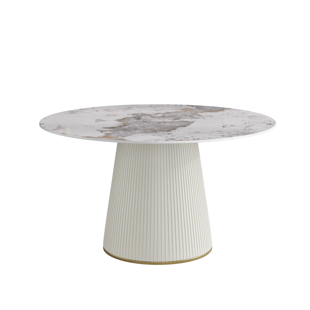 English Elm 53.15 "Modern Round Beige Dining Table With Sturdy Pu Base - Seats 6, Scratch-Resistant Design!" W1535S00449