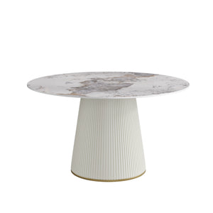English Elm 53.15 "Modern Round Beige Dining Table With Sturdy Pu Base - Seats 6, Scratch-Resistant Design!" W1535S00449