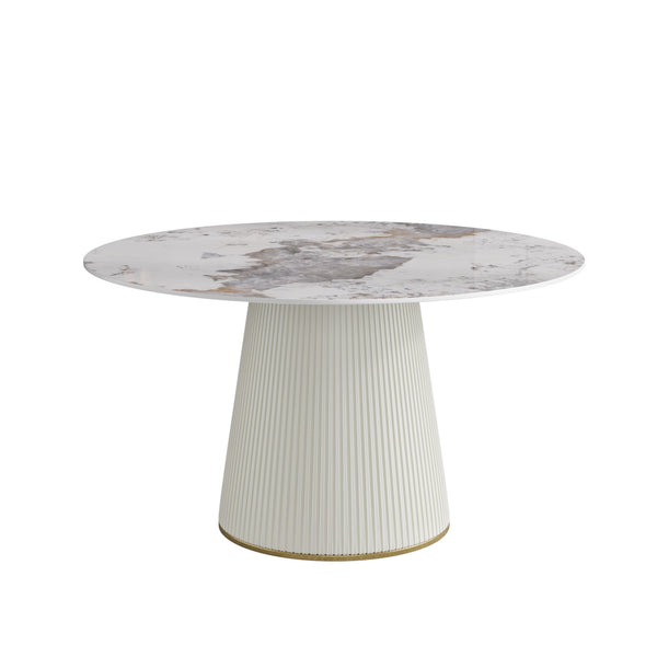 English Elm 53.15 "Modern Round Beige Dining Table With Sturdy Pu Base - Seats 6, Scratch-Resistant Design!" W1535S00449