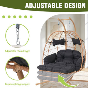 English Elm 2 Person Wicker Hanging Egg Chair with Stand Padded Swing for Patio or Garden T5880P500214