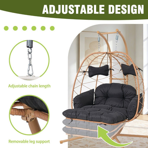 English Elm 2 Person Wicker Hanging Egg Chair with Stand Padded Swing for Patio or Garden T5880P500214
