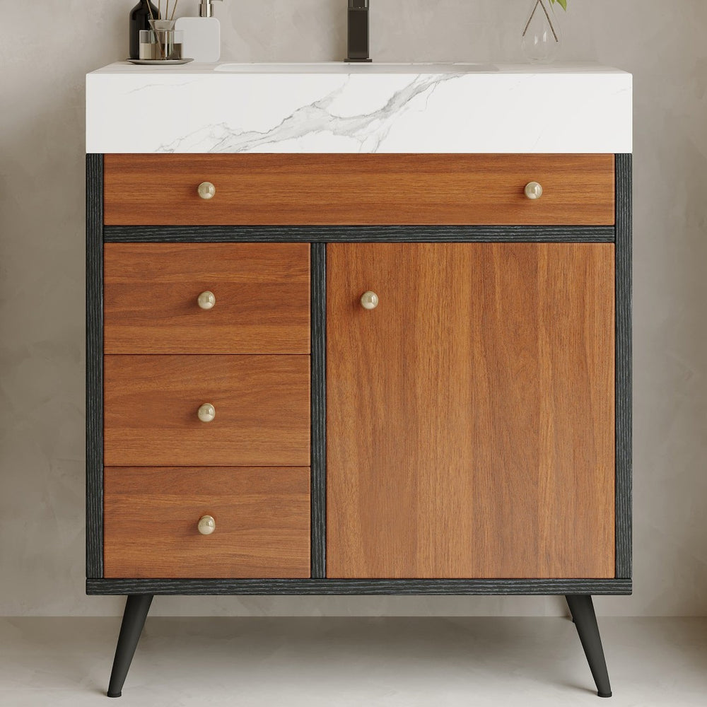 English Elm 29.9" Floating Bathroom Vanity Sintered Stone Top Soft Close Drawers Bronze Gold Hardware Black,Brown,Gold,White W3136S00046