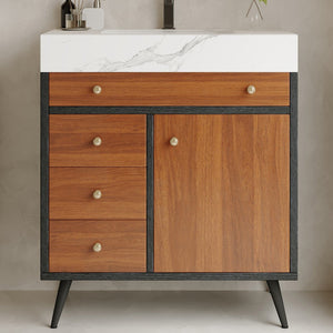 English Elm 29.9" Floating Bathroom Vanity Sintered Stone Top Soft Close Drawers Bronze Gold Hardware Black,Brown,Gold,White W3136S00046
