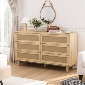 English Elm 51.18"6-Drawers Rattan Storage Cabinet with Smooth White Slides, Breathable Woven Drawers for Home Natural W757P162760