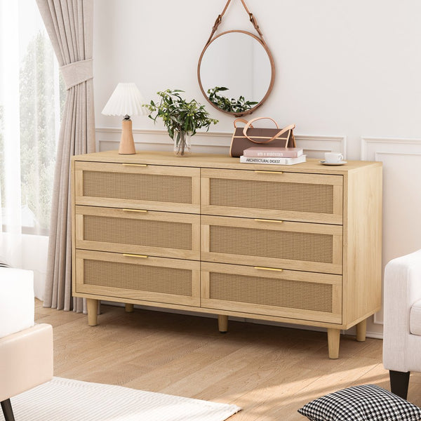 English Elm 51.18"6-Drawers Rattan Storage Cabinet with Smooth White Slides, Breathable Woven Drawers for Home Natural W757P162760