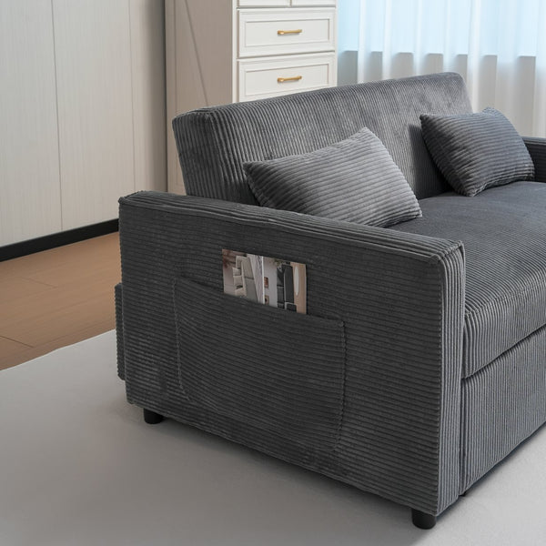 English Elm Futon 3-in-1 Corduroy Sofa Bed with Adjustable Backrest, Pull-Out Sleeper and Storage Pocket Grey W3138P281698