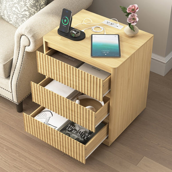English Elm (set Set of 2 Modern End Tables with Usb-c Charging and Three Drawer Storage for Any Room Natural W409P414475