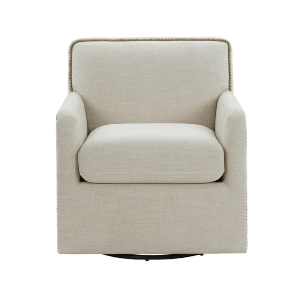 English Elm Torrance Swivel Accent Chair with Antique Brass Nailhead Trim for Modern Living Beige B050P451389