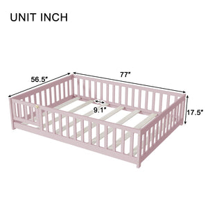 English Elm Twin Solid Rubberwood Floor Bed with Full Perimeter Safety Rails for Toddler Rooms Pink W504P296791