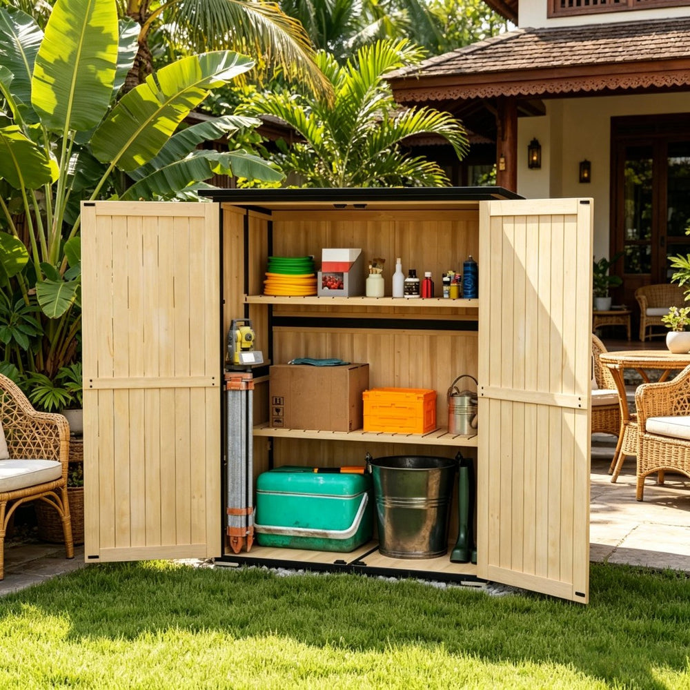 English Elm Modern Fir Wood Outdoor Storage Shed with Steel Frame Asphalt Roof and Ventilated Door Black,Natural Wood T3971S00244