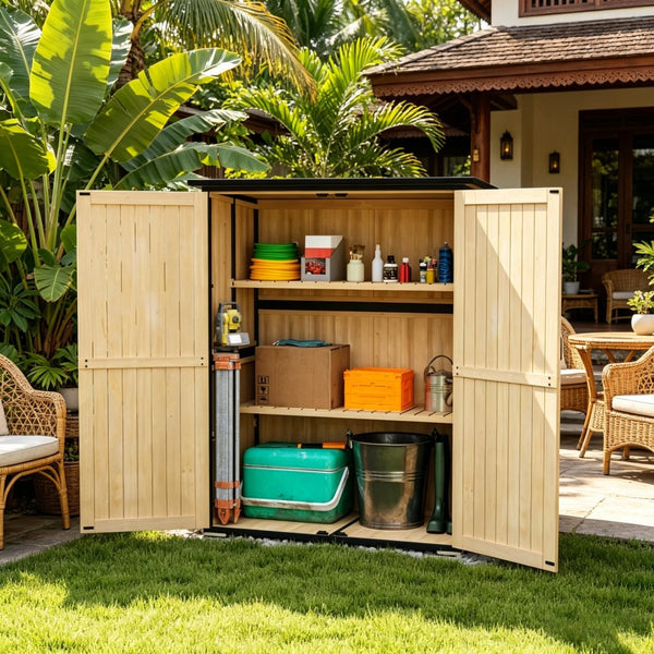 English Elm Modern Fir Wood Outdoor Storage Shed with Steel Frame Asphalt Roof and Ventilated Door Black,Natural Wood T3971S00244