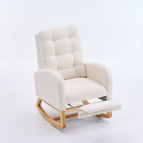 English Elm LY-5104 Plush High-Back Rocking Chair with Footrest & Storage Pocket, Ergonomic Foam Cushion for Nursery Beige+White W2231P292976