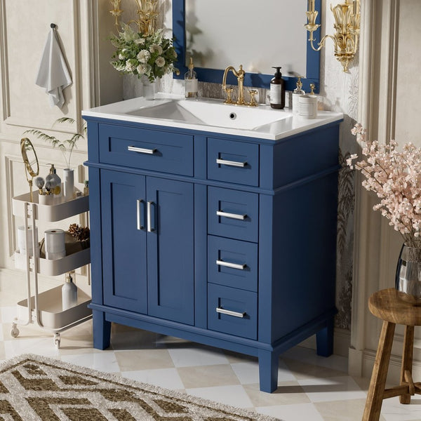 English Elm 30" Freestanding Bathroom Vanity Ceramic Sink Soft Close Cabinet Gray Wood Frame Blue N729P427118C