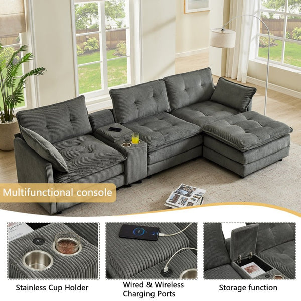 English Elm 119" Tufted Corduroy L-shaped Sectional with Ottoman Console Usb Charging 4 Seat Grey W1998S00102