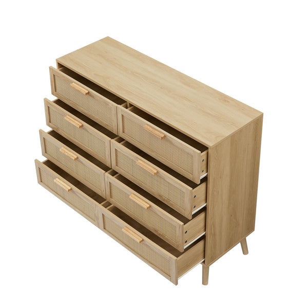 English Elm Bedroom 8-Drawer Dresser With Rattan Fronts – Stylish Storage For Kids’ Rooms & Living Spaces W1162P190402