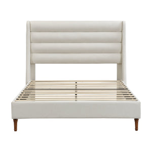 English Elm Queen Chenille Platform Bed with Wave Headboard, Noise-Free EVA Foam, Solid Wood, Ivory Finish W1716P362409