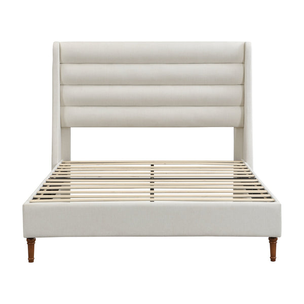 English Elm Queen Chenille Platform Bed with Wave Headboard, Noise-Free EVA Foam, Solid Wood, Ivory Finish W1716P362409