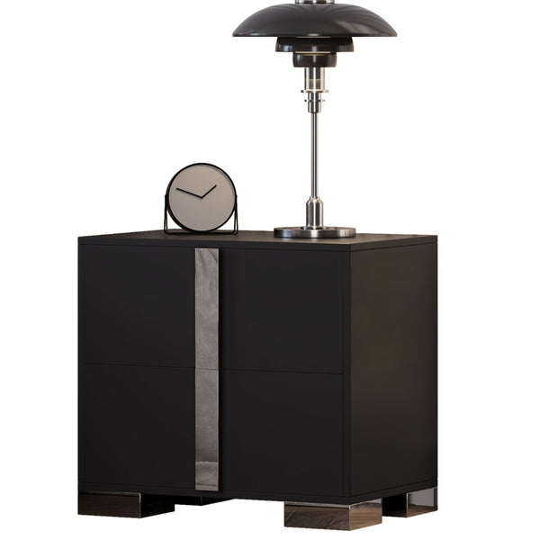 English Elm Modern Two Drawer Nightstand with Slim Metal Legs and Mirrored Bar Handles for Bedroom Black W5271P416540