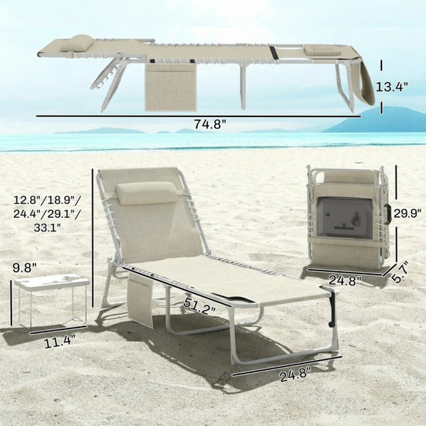 English Elm Folding Outdoor Chaise Lounge with Face Hole Side Table and Five Position Recline T3971P481185