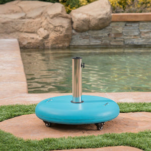 English Elm Wheelie Concrete Outdoor Umbrella Base with Locking Casters for Patio Stability Teal 60454.00TEL