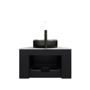 English Elm Dina Floating Bathroom Vanity with Sintered Stone Top and Crystal Glass Basin Black,Carrara White W2615S00404
