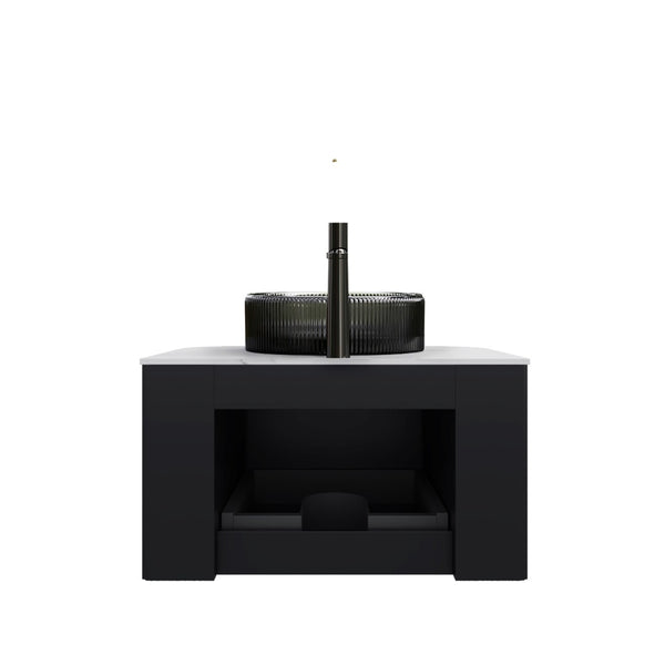 English Elm Dina Floating Bathroom Vanity with Sintered Stone Top and Crystal Glass Basin Black,Carrara White W2615S00404