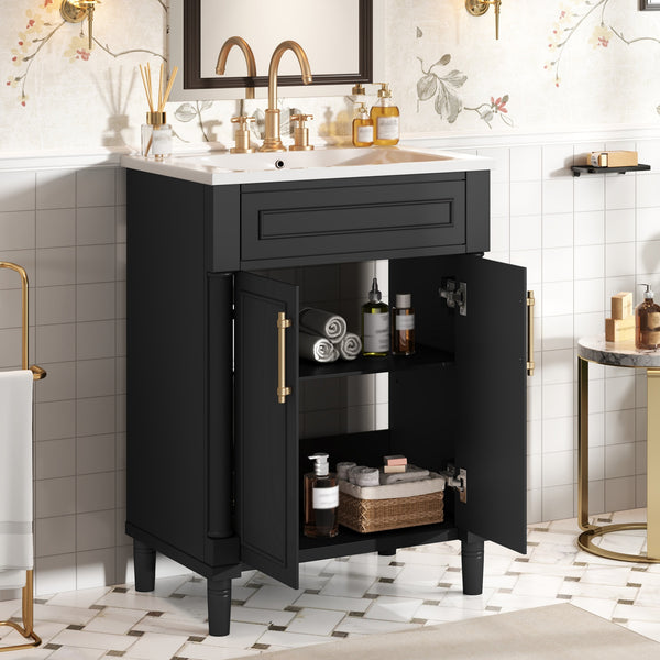 English Elm 24" Bathroom Vanity with Integrated Ceramic Sink and Adjustable Shelf, Vintage Hardware, Space-Saving Design Black N710P277711B
