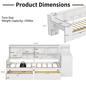 English Elm Wooden L-shape Twin Daybed with Desk Bookshelf and Nine Storage Compartments N733S351668K