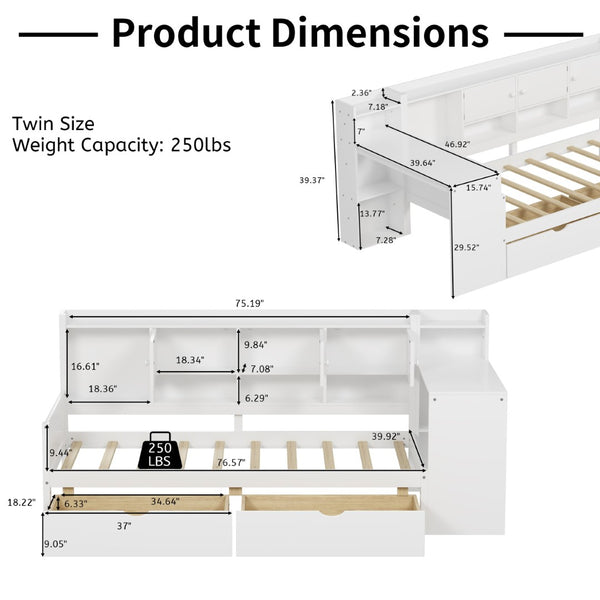 English Elm Wooden L-shape Twin Daybed with Desk Bookshelf and Nine Storage Compartments N733S351668K