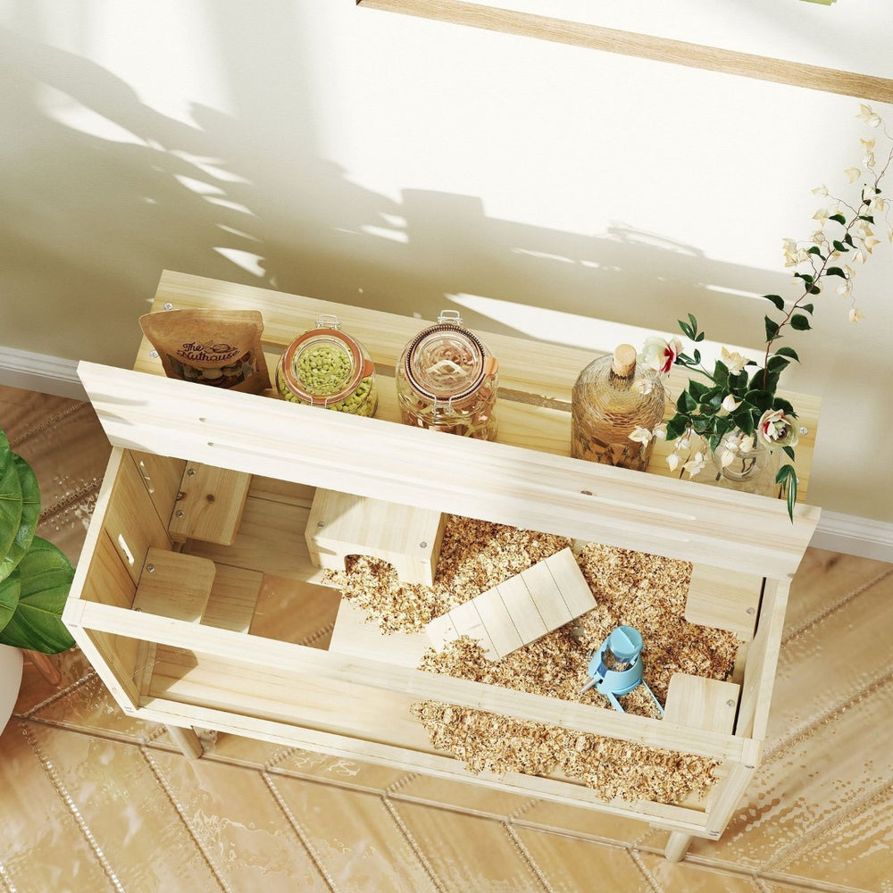 English Elm Wooden Fir Hamster Cage Raised on Tapered Legs with Clear Panels and Multi-level Habitat T3971P407750