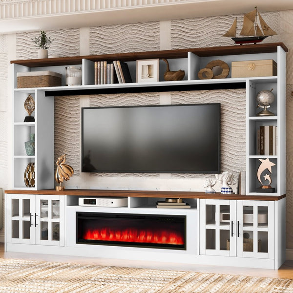 English Elm U-can Modern Farmhouse Wall Unit with Electric Fireplace Bookshelves and Glass Cabinet Doors White+Walnut SJ000153AAK