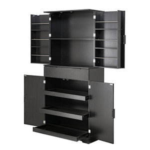 English Elm 72" Fluted Kitchen Pantry Cabinet with Anti-Tilt Stabilizers, Triple-Fold Hinges, Spice Door Racks and Deep Storage Black W2917P294985