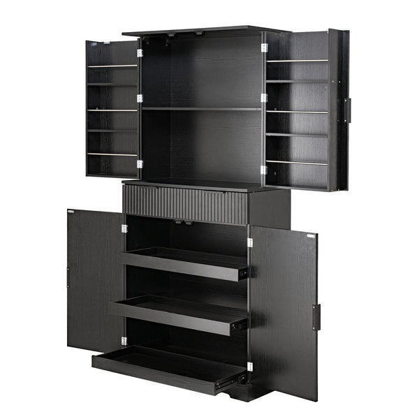 English Elm 72" Fluted Kitchen Pantry Cabinet with Anti-Tilt Stabilizers, Triple-Fold Hinges, Spice Door Racks and Deep Storage Black W2917P294985