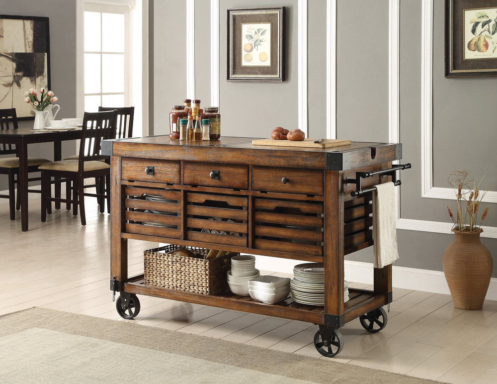 English Elm Kaif Distressed Chestnut Finish Kitchen Cart with Removable Boards, 3 Baskets, 3 Drawers & Casters B2726P251801