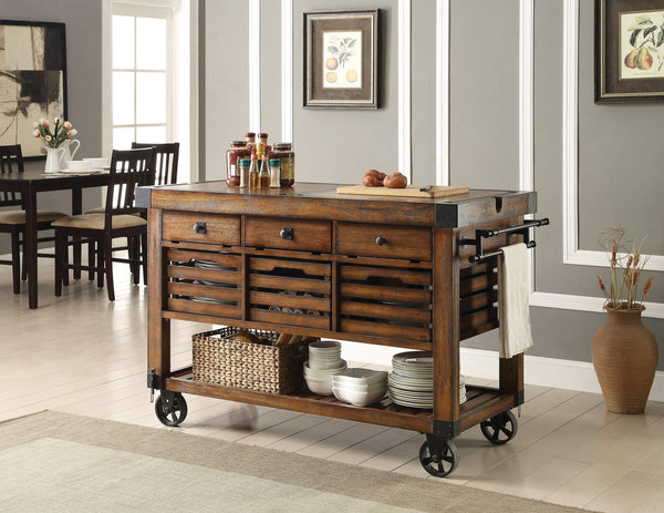 English Elm Kaif Distressed Chestnut Finish Kitchen Cart with Removable Boards, 3 Baskets, 3 Drawers & Casters B2726P251801