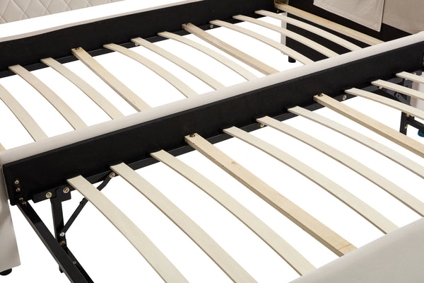 English Elm Twin Velvet Upholstered Daybed with Trundle, V-Pattern Backrest, USB Port, Side Pockets, Sturdy Design Beige W1361S00041