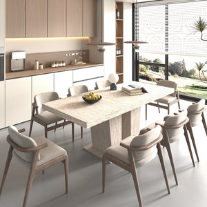 English Elm Rectangular extendable dining table with veined travertine top, beige MDF, sturdy wide feet, 6-10 seats W1347S00018